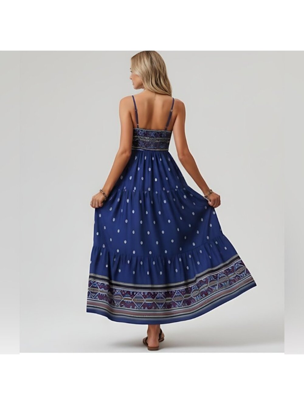 Blue Boho Geo Print Ruffle Hem Cami Dress - Picture 3 of 6